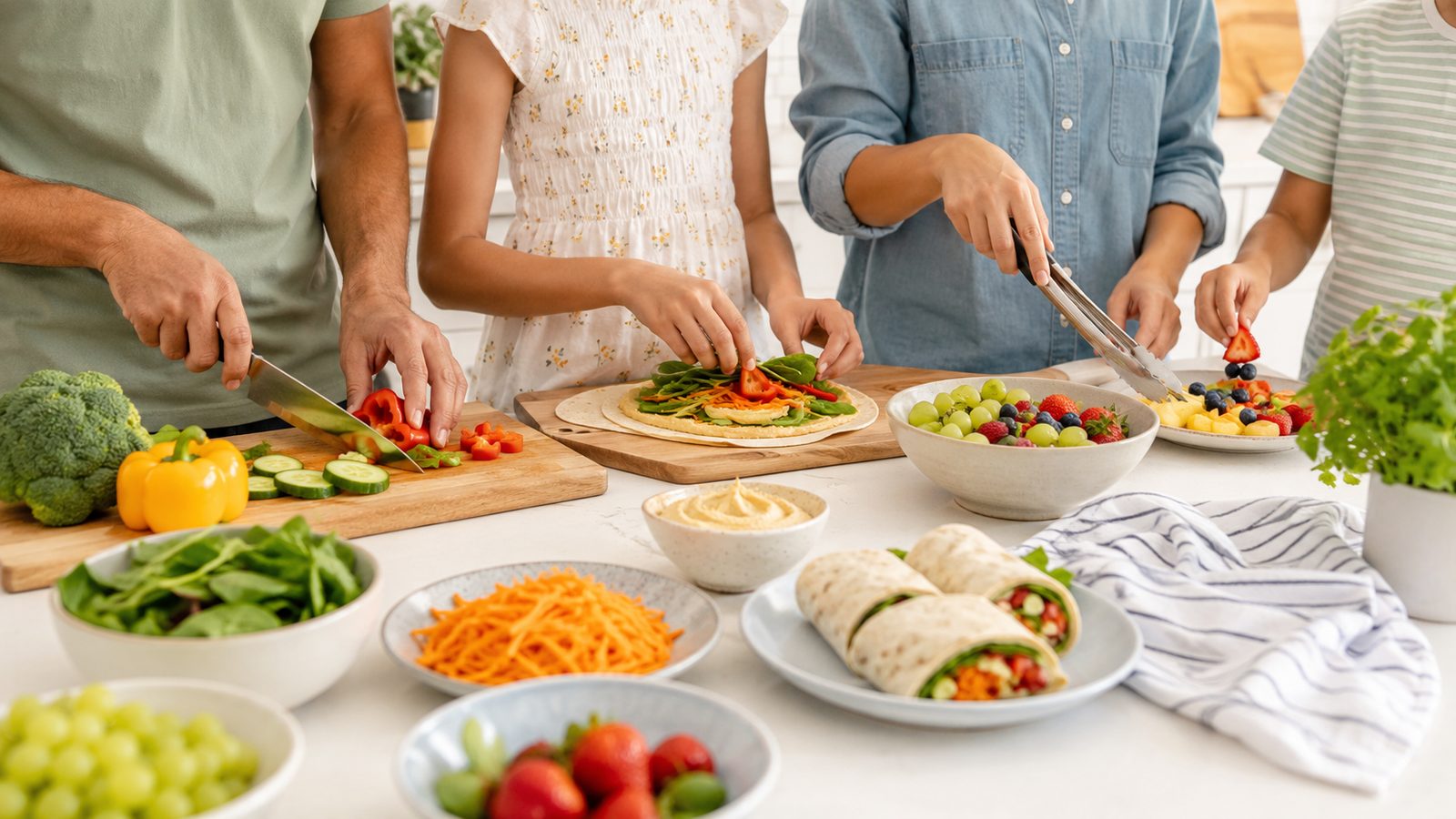 Family preparing colourful food together