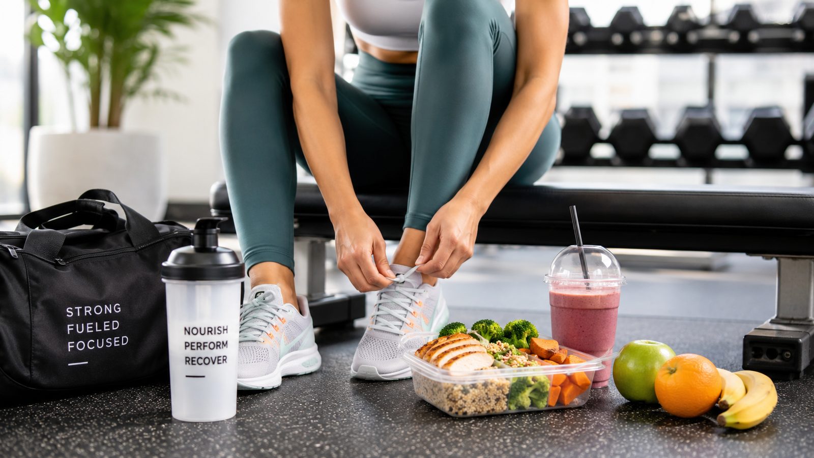 Athlete with prepared meals and a smoothie